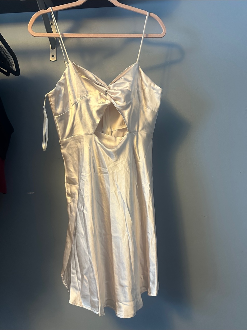 Selfie Leslie Ivory Satin Twist Front Cutout Slip Dress